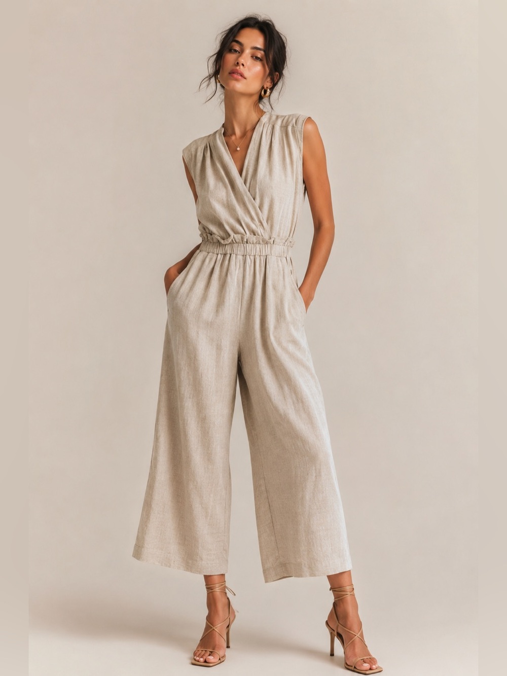 Monteau Los Angeles Linen Blend Wide Leg Jumpsuit Neutral Beige Small